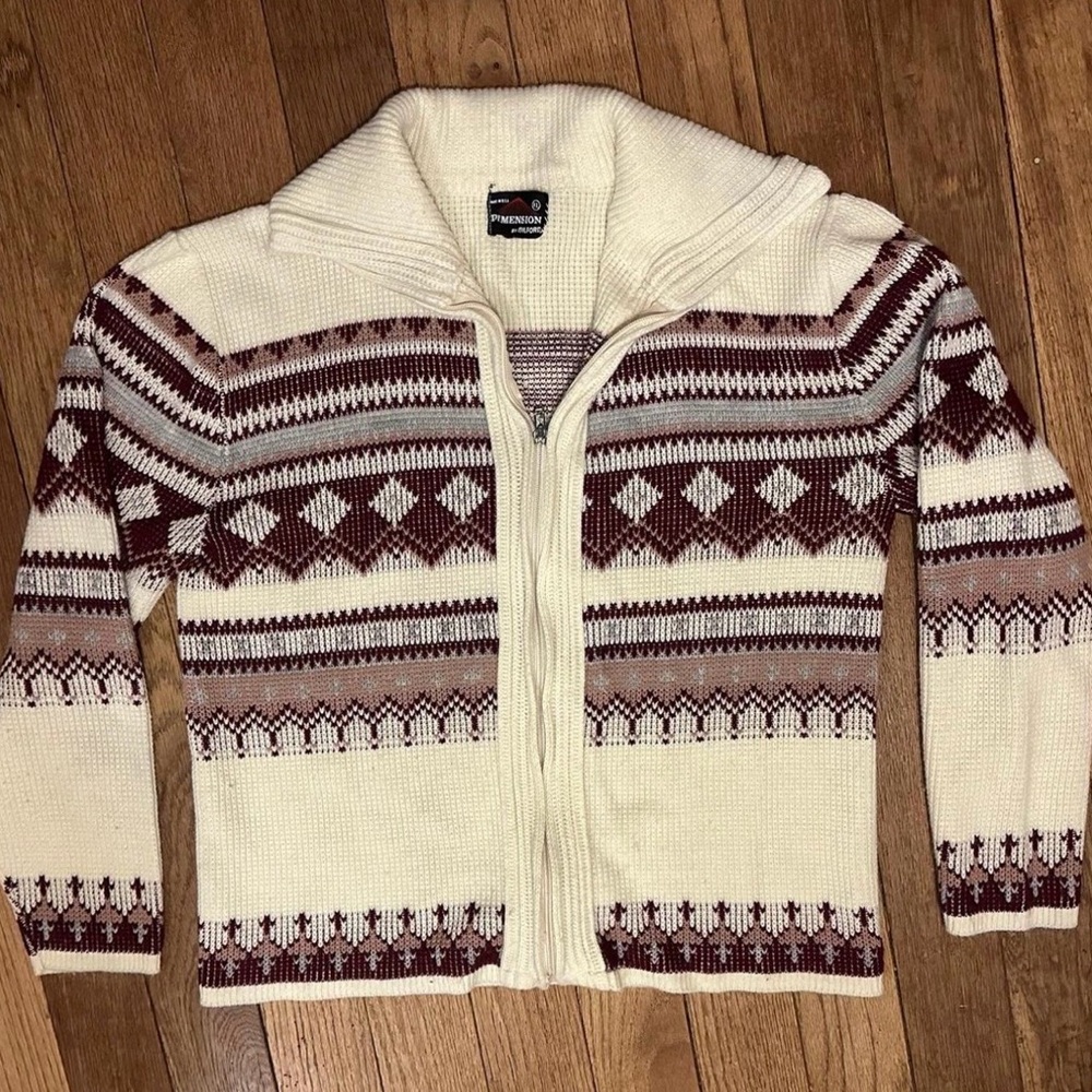 Vintage Dimensions Cream Tan Maroon Zip Front Nordic Fair Isle Cardigan Jacket